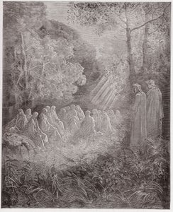 Boska Komedia (La Divina Commedia, La Divine Comedie), Purgatorio, Canto 7: Duchy śpiewające Salve Regina w dolinie - Dante Alighieri (1265-1321) - Ilustracja Gustave Dore (1832-1883) autorstwa Gustave Dore