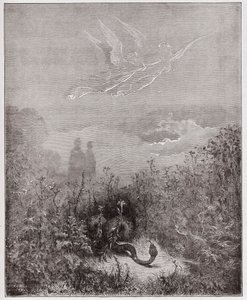Boska Komedia (La Divina Commedia, La Divine Comedie), Purgatorio, Canto 8: Aniołowie odpędzają węża - Dante Alighieri (1265-1321) - Ilustracja Gustave Dore (1832-1883) autorstwa Gustave Dore