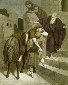 Dobry Samarytanin w gospodzie — Doré. - Biblia autorstwa Gustave Dore