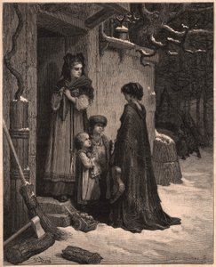 Konik polny i mrówka, ilustracja z bajki Jeana de la Fontaine autorstwa Gustave Dore