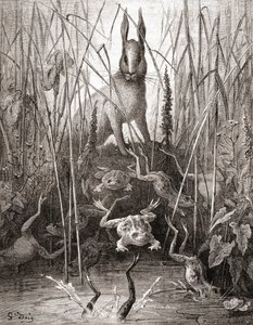 Zając i żaby z XIX-wiecznego wydania Fables de La Fontaine (drewno)