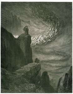Piekło Dantego Alighieri (Boska Komedia) z ilustracjami Gustave’a Dore’a. Wydanie francuskie z 1861 r. „Piekielna burza, która nigdy nie pozostaje/Opuszcza duchy swoim rabunkiem. (Piekielny huragan, który nigdy się nie kończy, wciąga duchy w swój wicher)”, autorstwa Gustave Dore