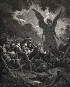 Święta Biblia. 1866. SENNACHERYB (705-681 pne). Król Asyrii (705-681 pne). Anioł Jahwe z armii Sennacheryba. Rytownictwo autorstwa Gustave Dore
