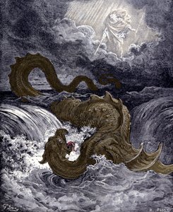 Lewiatan, potwór morski przypominający węża morskiego, o którym mowa w Biblii. Ilustracje do Biblii Gustave Dore. Rycina XIX wieku. autorstwa Gustave Dore