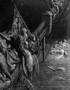 Marynarz patrzy na węże w oceanie, scena z „Szronu starożytnego marynarza” S.T. Coleridge, wyd. Harper und Brothers, Nowy Jork, 1876 (drewno) autorstwa Gustave Dore