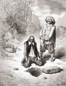 Skąpiec, który stracił swój skarb, z edycji Fables de La Fontaine z końca XIX wieku (drewno)