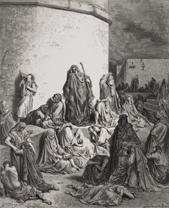 Ludzie opłakujący ruiny Jerozolimy, Lamentacje 1:1-2 ilustracja z „The Holy Bible” Dore
