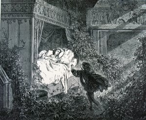 Książę wchodzący do sypialni księżnej w zaczarowanym zamku, ilustracja do „Śpiącej królewny” Charlesa Perraulta (1628-1703) autorstwa Gustave Dore