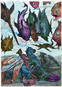 Baron na koniu przecina ryby na dnie morza. Scena z "Przygód barona de Munchausen (Munchhausen)" Rudolpha Ericha Raspe (1736 - 1794), ilustracja Gustave