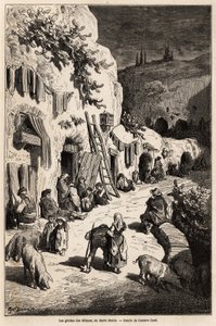 Jaskinie (podziemne domy) Cyganów w Sacro Monte w Granadzie. Rysunek Gustave