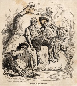Drzemka przewoźników portu w Alicante, szkic wykonany na ożywionym Gustave Dore (1832-1883), ilustrujący jego podróż do Hiszpanii w 1862 r. z Ch. Davilliera. Grawerowanie w „”Le tour du monde””, pod redakcją Edouarda Chartona autorstwa Gustave Dore