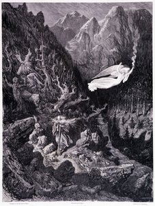 Starzec trzymający torebkę i laskę spacerujący po nieprzyjaznym krajobrazie jest zwieńczony przez anioła machającego ogniem, Tablica VII - Ilustracja Gustave Dore (1832-1883), dla La legende du Jew Wandering Pierre Dupont, Edition Librairie du magasin p autorstwa Gustave Dore