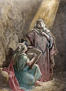 Prorok Jeremie dyktujący swoje proroctwa Baruchowi - grawerunek Colorisee autorstwa Pannemacker, z Biblii Gustawa Dore