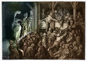 Teatr: publiczność podczas przedstawienia teatralnego. Kolorowa rycina z "Londyn, pielgrzymka" ilustrowana przez Gustave