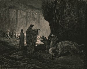 Potem mój przewodnik, jego dłonie rozciągające się na ziemi, c1890. autorstwa Gustave Dore