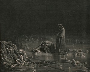Potem chwyciłem jego tylną skórę głowy i zawołałem: Imię ciebie, bo włos nie zostanie tu, ok. 1890 r. autorstwa Gustave Dore