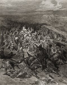 Dwieście rycerzy atakuje dwadzieścia tysięcy Saracenów, ilustracja z „Bibliotheque des Croisades” J-F. Michaud, 1877 r. autorstwa Gustave Dore
