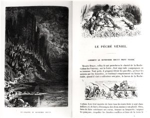 Dwie ilustrowane strony z „Les Contes Drolatiques” Honore de Balzac (1799-1850) rytowane przez Heliodore Joseph Pisan (1822-90) autorstwa Gustave Dore
