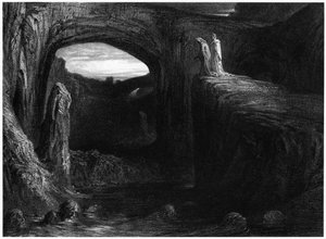 Wergiliusz (70-19 pne) i Dante wkraczający do piekła, ilustracja z „Boskiej komedii” (Piekło) Dantego Alighieri (1265-1321) Paryż, opublikowana 1885 autorstwa Gustave Dore
