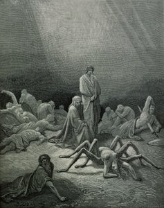 Wergiliusz (70-19 p.n.e.) i Dante patrzący na kobietę-pająka, ilustracja z "Boskiej komedii" (Inferno) Dantego Alighieri (1265-1321), Paryż, wyd. 1885 r. autorstwa Gustave Dore