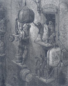 Magazyny w mieście Londyn. Z Gustave Dore i Blanchard Jerrold London: A Pilgrimage London 1872. autorstwa Gustave Dore