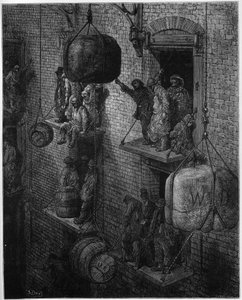 Magazynowanie w mieście - z "Londyn, pielgrzymka", napisane przez Williama Blancharda Jerrolda (1826-94) - ilustracje Gustave Dore - 1872 - autorstwa Gustave Dore