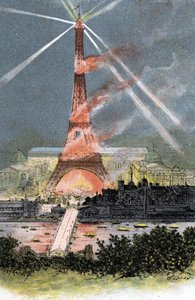Torre Eiffel iluminada durante a feira mundial de Paris 1889 Desenho de Gustave Fraipont (1849-1923) baseado em “La seine a travers Paris” de Saint-Juirspolish