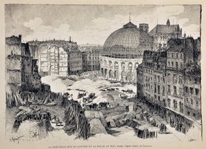Nowa Rue du Louvre i Halle au Ble w Paryżu w 1887 r. ilustracja Gustave Fraipont (1849 - 1923). Rycina z 1887 r. w tygodniku „Paryż-Prześwietny””. autorstwa Gustave Fraipont