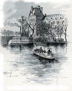 Widok na Pavillon de Flore, Palais du Louvre, z Quai Voltaire w Paryżu (Widok na sekcję Pavillon de Flore w Luwrze z Quai Voltaire, Paryż) Rysunek Gustave