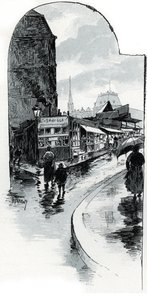 Widok handlarzy na rogu rue de la bucherie w Paryżu (sklepy z używaną odzieżą przy rue de la Bucherie, Paryż) Rysunek Gustave