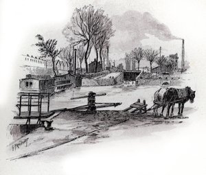 Widok na kanał Saint-Denis i quai de la Gironde a la Villette, Paryż (Widok na kanał Saint-Denis i quai de la Gironde w dzielnicy Villette, Paryż) Rysunek Gustave