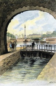 Widok śluzy Canal Saint Martin w Paryżu Rysunek Gustave Fraipont (1849-1923) z „La seine a travers Paris” Saint-Juirs autorstwa Gustave Fraipont