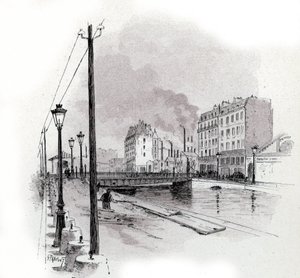 Vista da ponte suspensa do quai de Valmy no canal Saint Martin, Paris Desenho de Gustave Fraipont (1849-1923) de Saint-Juirspolish autorstwa Gustave Fraipont