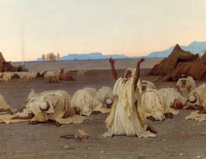 Wieczorna modlitwa na Saharze Szczegół obozu Tuaregów. Obraz Gustave