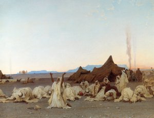 Wieczorna modlitwa na Saharze Szczegół obozu Tuaregów. Obraz Gustave