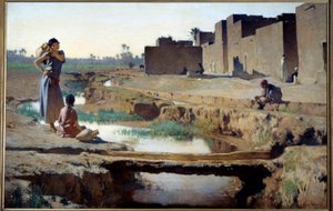 Orientalizm: „”La Seguia k. Biskry””” Kobieta i dziecko piją wodę nad rzeką w oazie na algierskiej pustyni. Obraz Gustave
