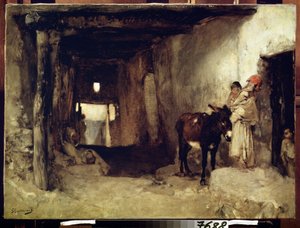 Orientalizm: "Dom na Saharze" (Dom na Saharze) Kobieta z dzieckiem w towarzystwie osła. Obraz Gustave