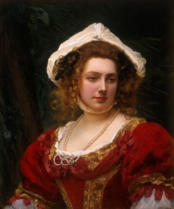 Portret eleganckiej damy w czerwonej aksamitnej sukience