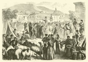 Doroczny jarmark miasta Alcala, Hiszpania (grafika) autorstwa Gustave Janet