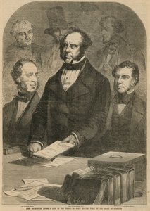 Lord Palmerston kładzie kopię traktatu pokojowego na stole w Izbie Gmin autorstwa Gustave Janet