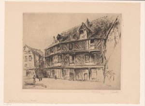 Ulica z domami i spacerowiczami w Chartres La maison du Saumon (Chartres) (tytuł na obiekcie) autorstwa Gustave Leheutre (signed by artist)