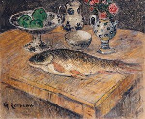 Martwa natura z rybą, kwiatami i jabłkami; Martwa natura z rybą, kwiatami i jabłkami, autorstwa Gustave Loiseau