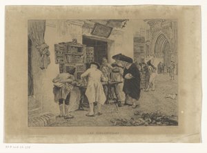 Mężczyźni zgromadzeni wokół księgarni Les Bibliophiles (tytuł na obiekcie) autorstwa Gustave Marie Greux
