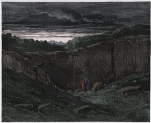 Piekło, Pieśń 3 : Wergiliusz i Dante u bram piekieł, ilustracja z Boskiej komedii Dantego Alighieri, 1885 (rycina cyfrowo kolorowa) autorstwa Gustave after Dore