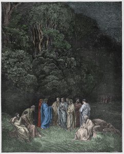 Inferno, Canto 4: Homer, poeci i bohaterowie w Limbo, ilustracja z Boskiej komedii autorstwa Dante Alighieri, 1885 (cyfrowo kolorowane grawerowanie)