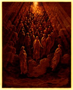 Anioły na planecie Merkury, ilustracja z Galerii Dore, opublikowana ok. 1890 r. (obraz ulepszony cyfrowo) autorstwa Gustave after Dore