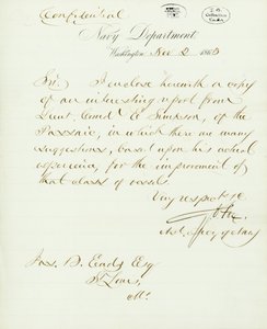 List podpisany G.V. Fox, Departament Marynarki Wojennej w Waszyngtonie, do Jas. B. Eads [James B. Eads], St. Louis, Mo., 2 listopada 1863 autorstwa Gustavus Vasa Fox