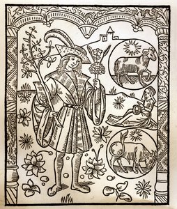 Kalendarz pasterza - Praca miesiąca - Kwiecień - Drzeworyt z książki z 1496 r. wydrukowanej przez Guya Marchanta (Guido Mercator) w Troyes - Drzeworyt w "Le grand Calendrier et compost des shepherds" -