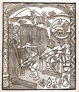 Kalendarz pasterza - Praca miesiąca - Sierpień - Drzeworyt z książki z 1496 r. wydrukowanej przez Guya Marchanta (Guido Mercator) w Troyes - Drzeworyt w "Le grand Calendrier et compost des shepherds" -