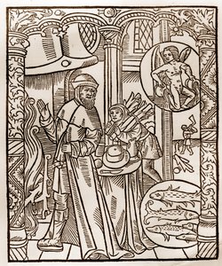 Kalendarz pasterza - Praca miesiąca - Luty - Drzeworyt z książki z 1496 r. wydrukowanej przez Guya Marchanta (Guido Mercator) w Troyes - Drzeworyt w ""Le grand Calendrier et compost des shepherds" -